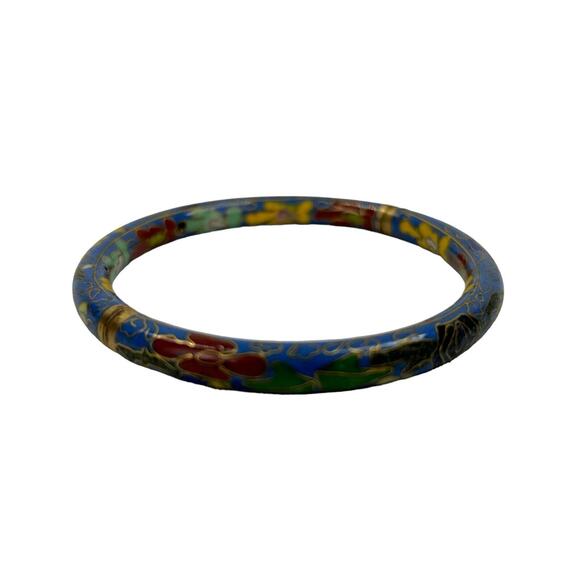 Hinged Bangle Bracelet Cloisonne Multicolor Flowers Blue Enamel Chinese Export - Picture 1 of 3